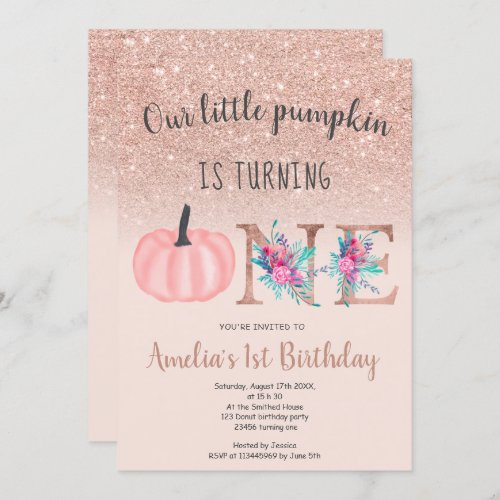 Cute fall rose gold little pumpkin 1st birthday invitation