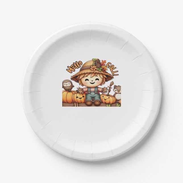 Cute Fall Scarecrow with Pumpkins Oversized T-Shir Paper Plates (Front)