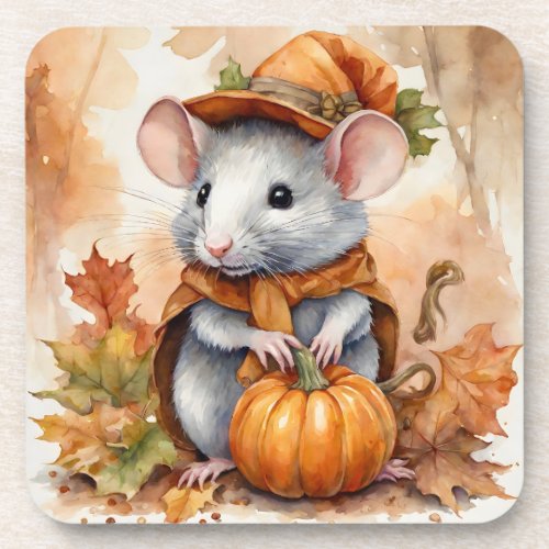 Cute Fall Seasonal Rat with Hat and Coat 2 Beverage Coaster