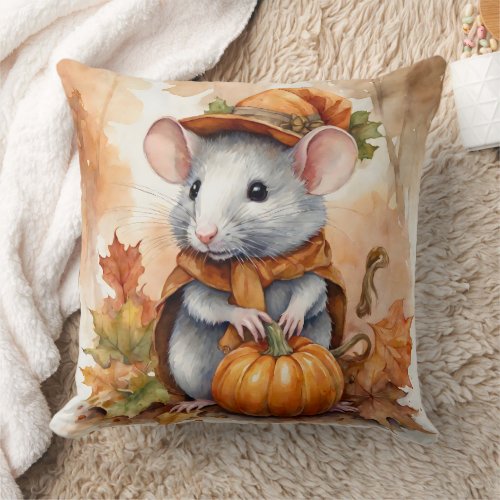 Cute Fall Seasonal Rat with Hat and Coat 2 Throw Pillow