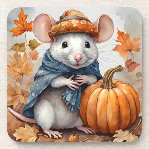 Cute Fall Seasonal Rat with Hat and Coat Beverage Coaster