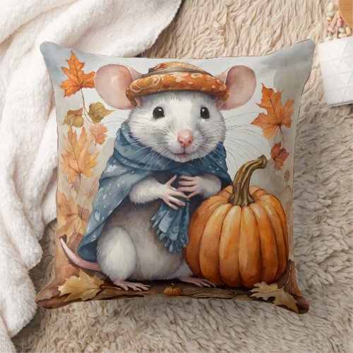 Cute Fall Seasonal Rat with Hat and Coat Throw Pillow