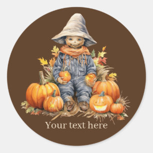 Cute Fall Seasonal scarecrow add text pumpkin Classic Round Sticker