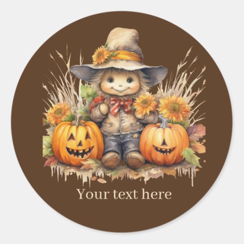 Cute Fall Seasonal scarecrow add text pumpkin  Classic Round Sticker