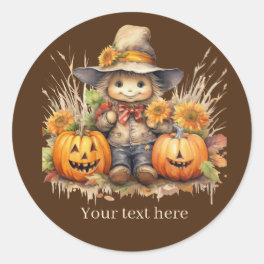 Cute Fall Seasonal scarecrow add text pumpkin Classic Round Sticker