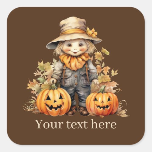 Cute Fall Seasonal scarecrow add text pumpkin Square Sticker