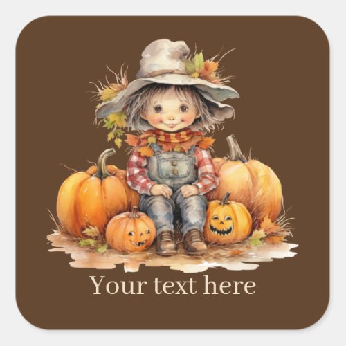 Cute Fall Seasonal scarecrow add text pumpkin Square Sticker