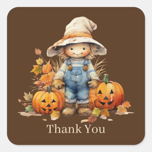 Cute Fall Seasonal scarecrow add text pumpkin  Square Sticker (Front)