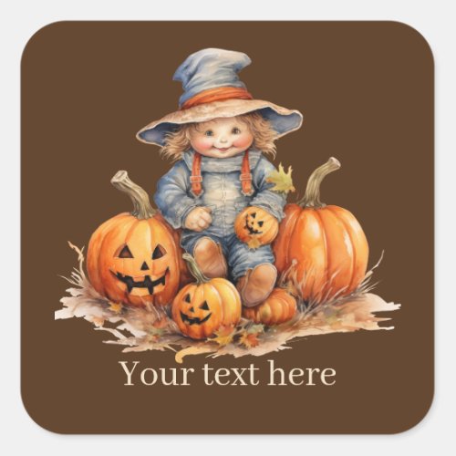 Cute Fall Seasonal scarecrow add text pumpkin  Square Sticker