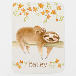 Cute fall sloths whimsy animal watercolor art baby blanket