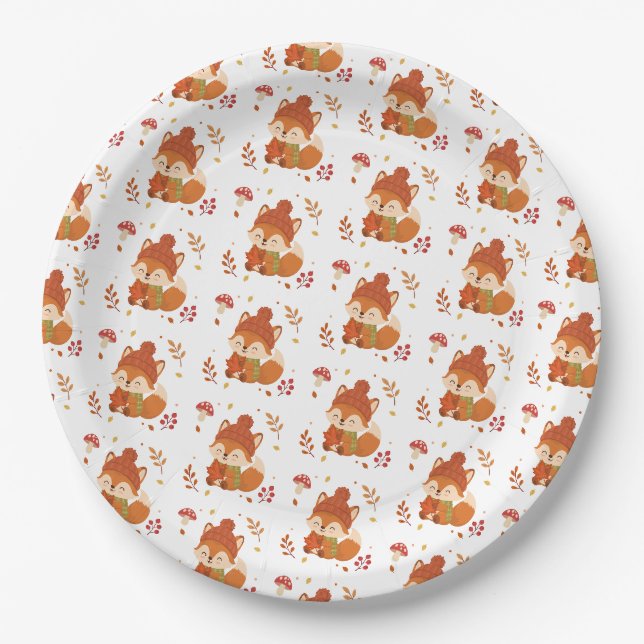 Cute Fall Smiling Fox Watercolour Paper Plates (Front)