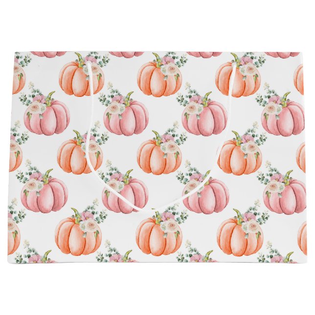 Cute Fall Soft Pink and Orange Floral Pumpkin Large Gift Bag (Front)