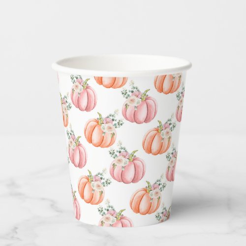 Cute Fall Soft Pink and Orange Floral Pumpkin Paper Cups