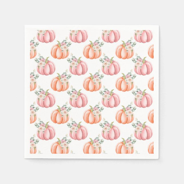 Cute Fall Soft Pink and Orange Floral Pumpkins Napkins (Front)