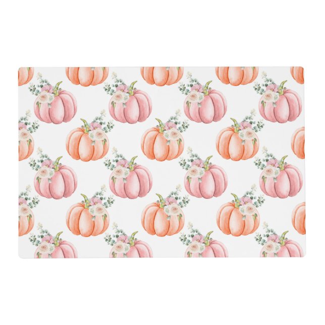 Cute Fall Soft Pink and Orange Floral Pumpkins Placemat (Front)