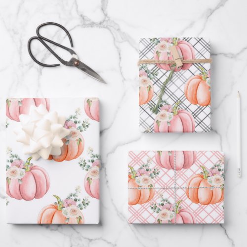 Cute Fall Soft Pink and Orange Floral Pumpkins Wrapping Paper Sheets