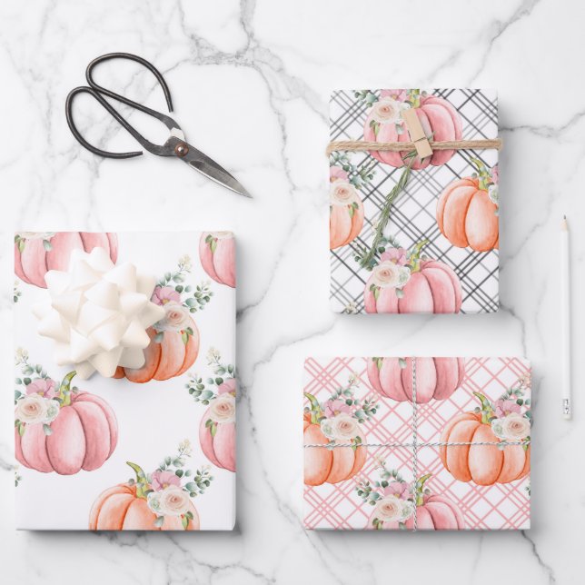 Cute Fall Soft Pink and Orange Floral Pumpkins Wrapping Paper Sheets (Front)