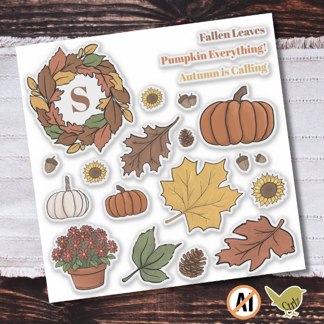 Cute Fall Sticker Pack (Autumn kiss cut stickers feature leaves, pumpkins, and more. Custom text, too. )