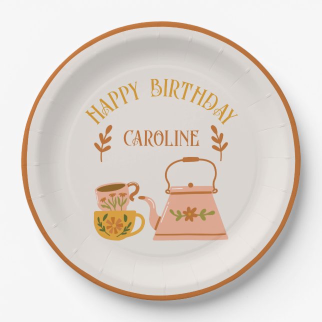 Cute Fall Tea Party Custom Birthday Paper Plates (Front)