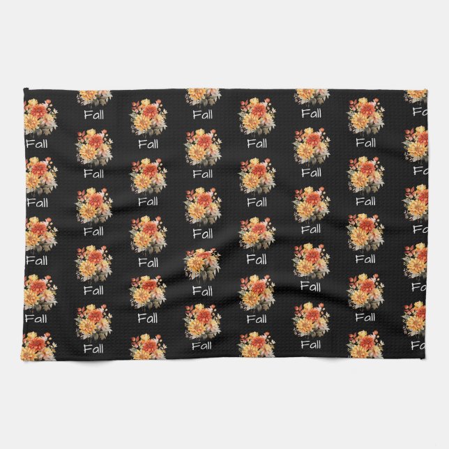 Cute Fall Themed Pattern | Floral Fall Black       Kitchen Towel (Horizontal)