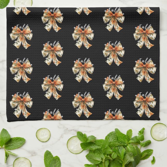 Cute Fall Themed Pattern | Simple Fall Black Kitchen Towel (Folded)
