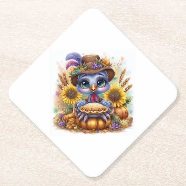 Cute Fall Turkey Paper Coaster (Front)