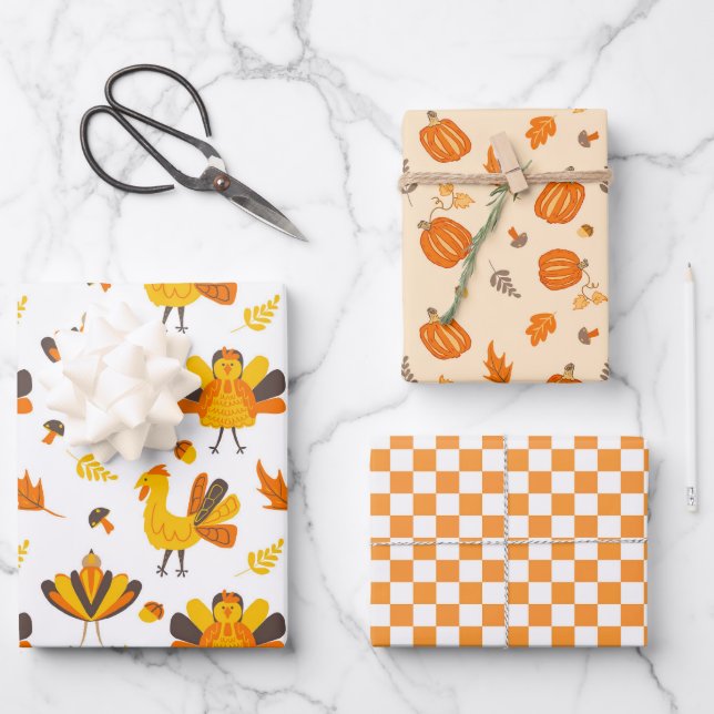 Cute Fall Turkeys and Pumpkins  Wrapping Paper Sheets (Front)