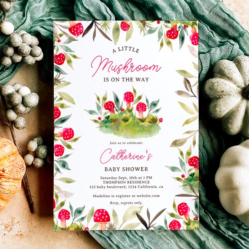 Cute fall watercolor little mushroom baby shower invitation