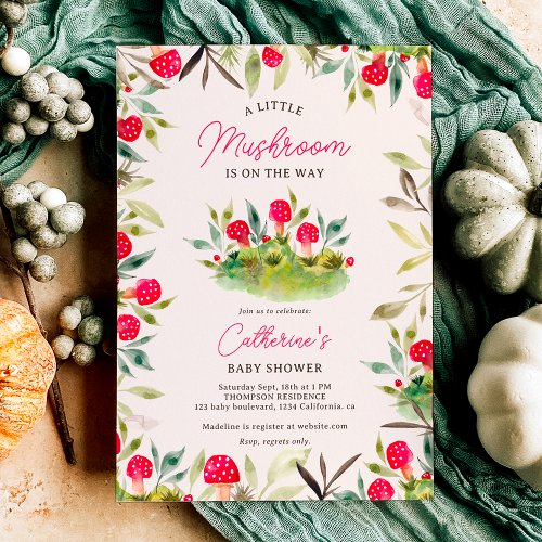 Cute fall watercolor little mushroom baby shower invitation