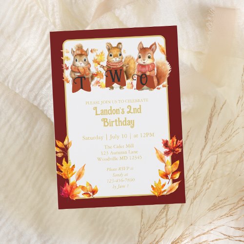Cute Fall Woodland Squirrel Second Birthday Invitation