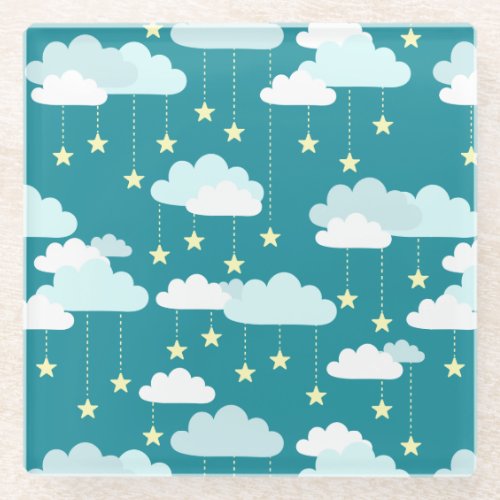 Cute Falling Stars  Clouds Pattern Glass Coaster