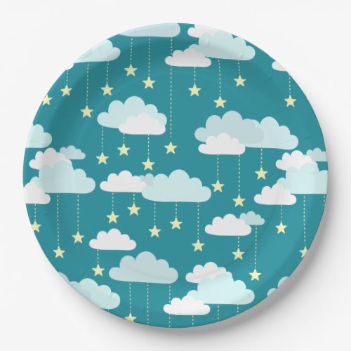 Cute Falling Stars  Clouds Pattern Paper Plates