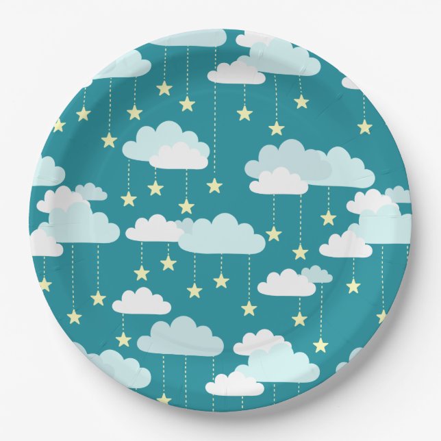 Cute Falling Stars & Clouds Pattern Paper Plates (Front)
