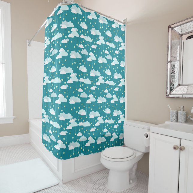 Cute Falling Stars & Clouds Pattern Shower Curtain (In Situ)