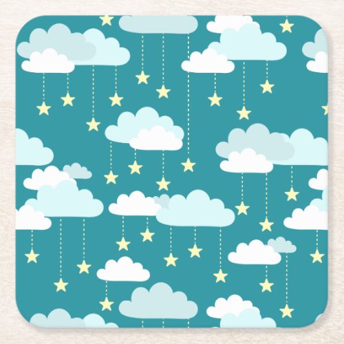 Cute Falling Stars  Clouds Pattern Square Paper Coaster