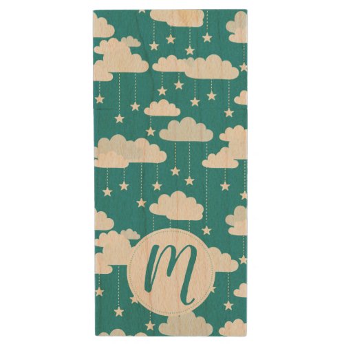 Cute Falling Stars  Clouds Pattern Wood Flash Drive