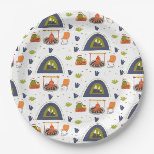 Cute family camping bonfire & tent grass round paper plates