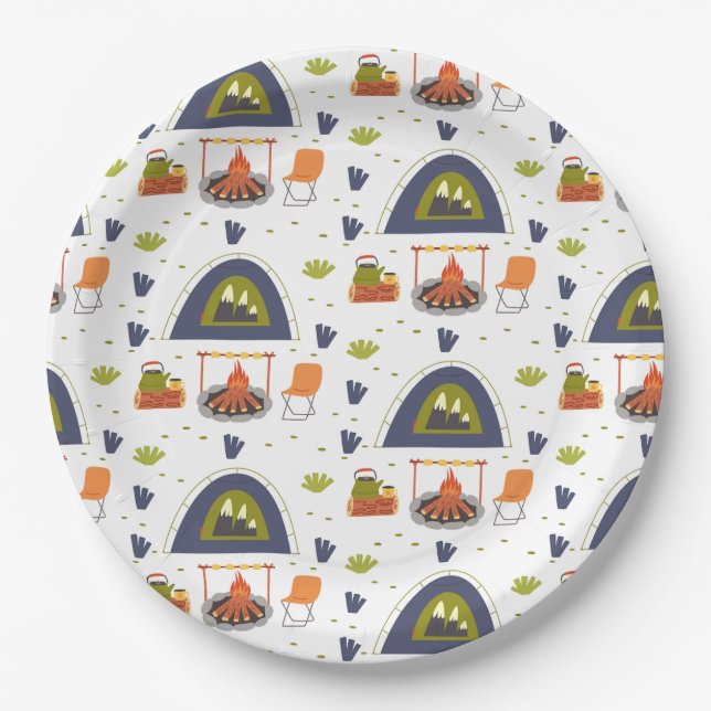 Cute family camping bonfire & tent grass round paper plates (Front)