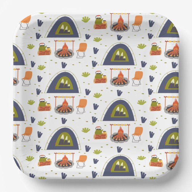 Cute family camping bonfire & tent grass square  paper plates (Front)