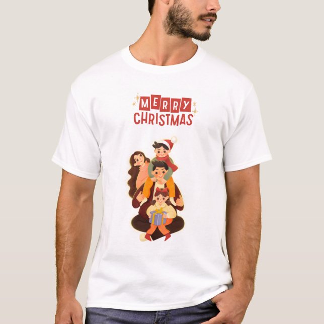 Cute Family Christmas Portrait - Merry Christmas T T-Shirt (Front)