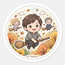 Cute Family Flying on Brooms Fall