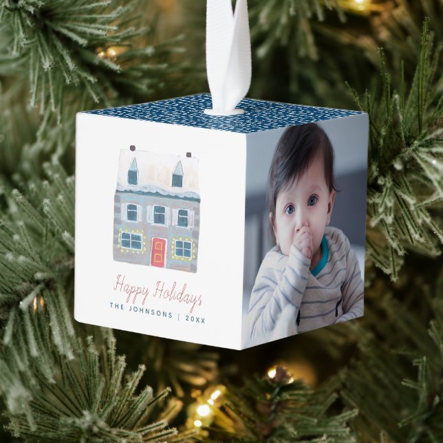 Cute family Houses blue photo Christmas Cube Ornament (Tree)