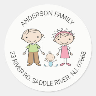 Cute Family of 3 Return Address Classic Round Clas Classic Round Sticker