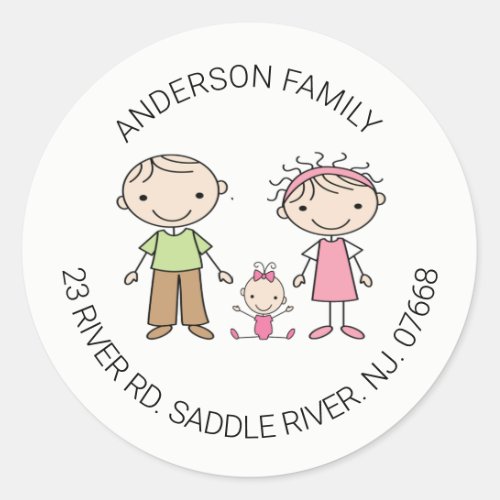 Cute Family of 3 Return Address Classic Round Classic Round Sticker