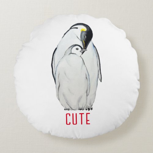 Cute family of emperor penguins T_Shirt Round Pillow
