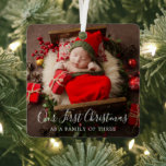 Cute Family of Three Elegant Photo First Christmas Metal Ornament<br><div class="desc">Cute holiday birth announcement ornament featuring a simple design with "Our First Christmas as a Family of Three" in an elegant script over your favorite newborn photo. The back has a second picture along with baby's name and birth stats. Upload an ultrasound photo and add your baby's name and due...</div>
