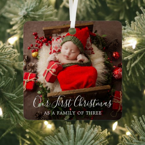 Cute Family of Three Elegant Photo First Christmas Metal Ornament