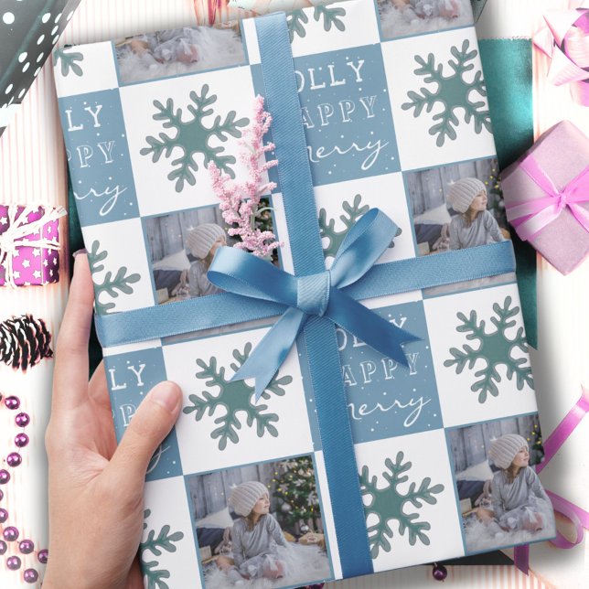 Cute Family Photo Blue Snowflake Christmas Wrapping Paper (Creator Uploaded)