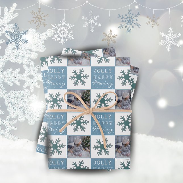 Cute Family Photo Blue Snowflake Christmas Wrapping Paper Sheets (Creator Uploaded)