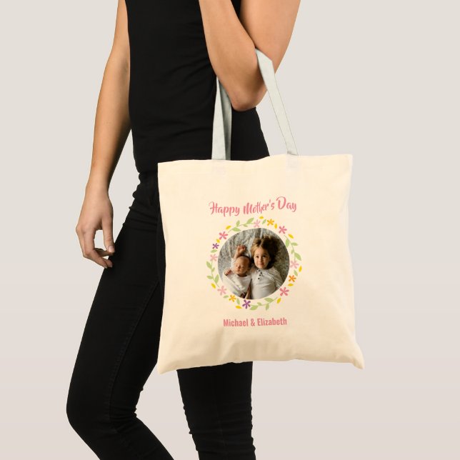 Cute Family Photo Floral Frame Happy Mother's Day Tote Bag (Front (Product))